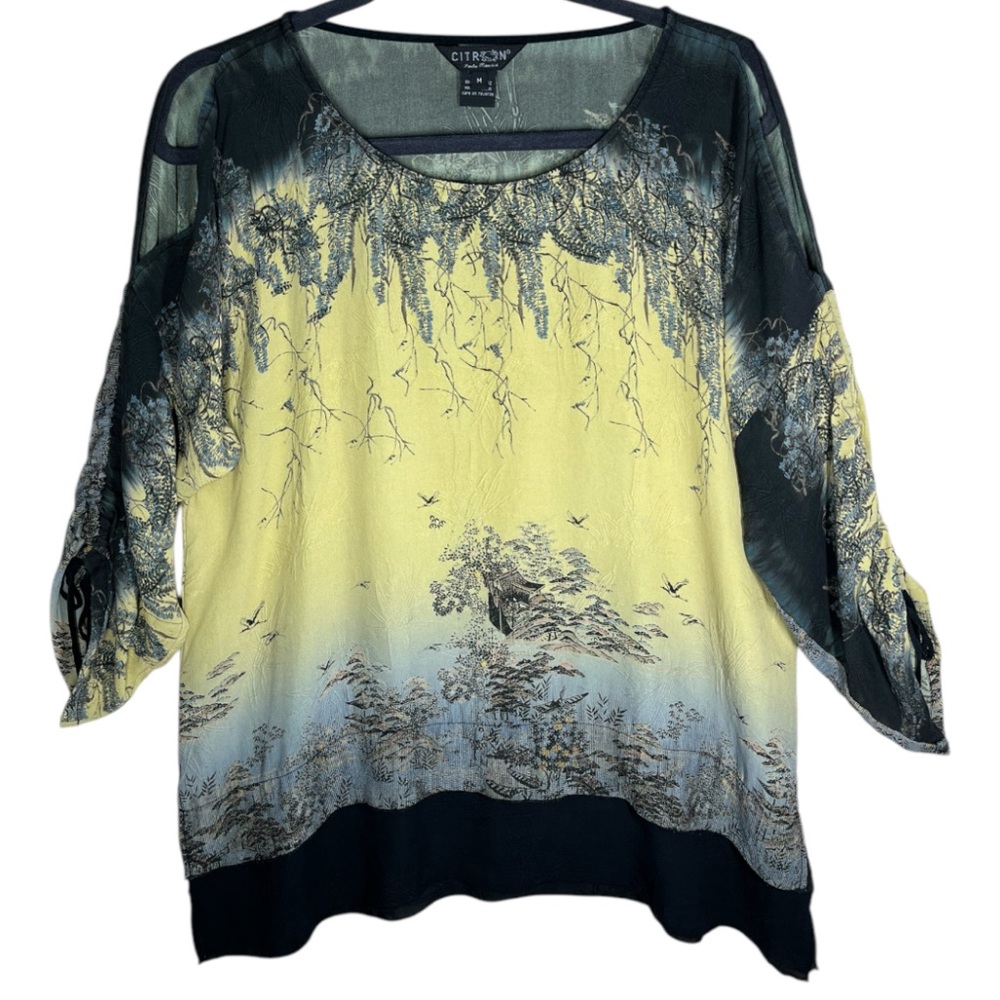 Citron Silk Japanese Wisteria Blouse 3/4 Ruched Cutout Sleeves Size Medium